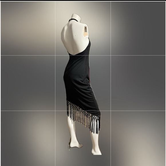 Black Market black halter asymmetric fringe hem lined party evening dress size 6 - Picture 4 of 11